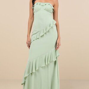 Lulus Dramatic Allure Sage Green Ruffled Cutout Strapless Maxi Dress - Size 1X